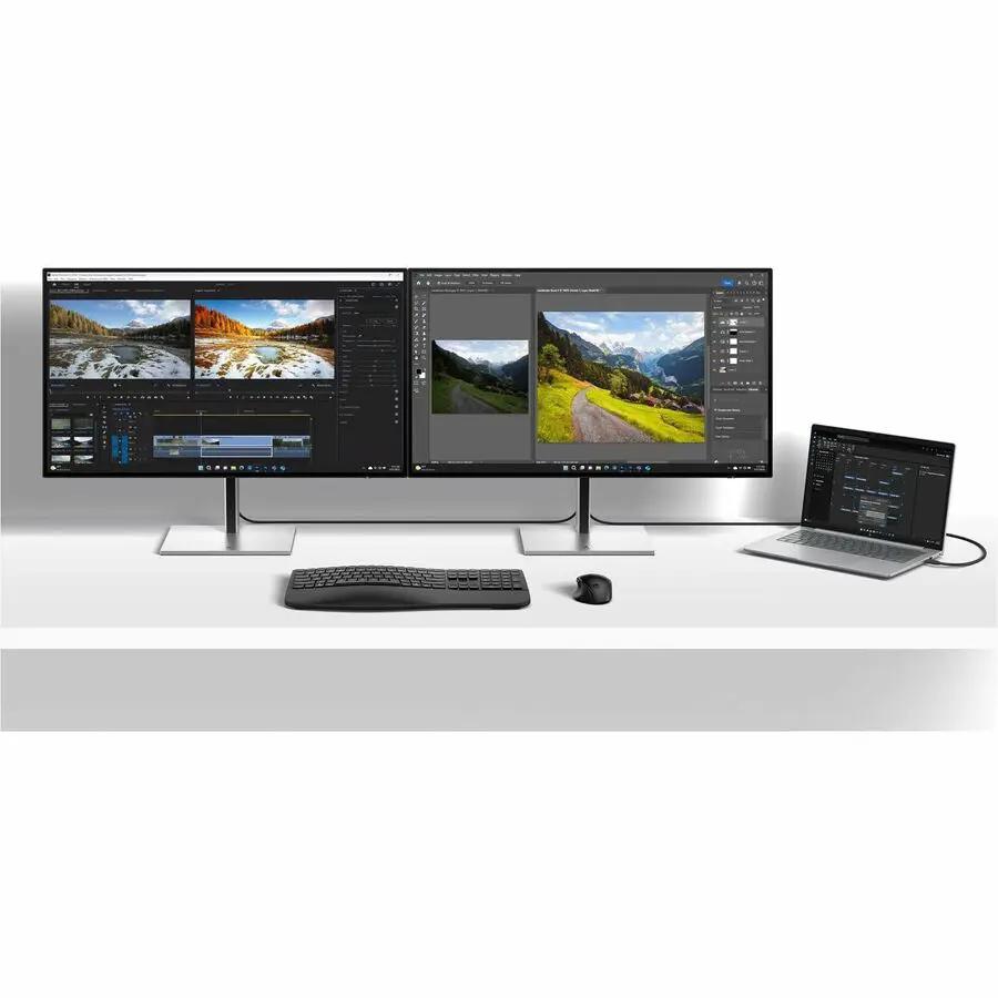 HP 732xk 32-inch 4K UHD monitor setup with two displays, keyboard, mouse, and a laptop