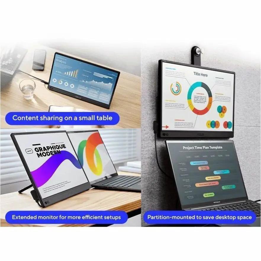 Three ASUS ZenScreen MB169CK-P 15.6-inch portable IPS Full HD monitors on desks