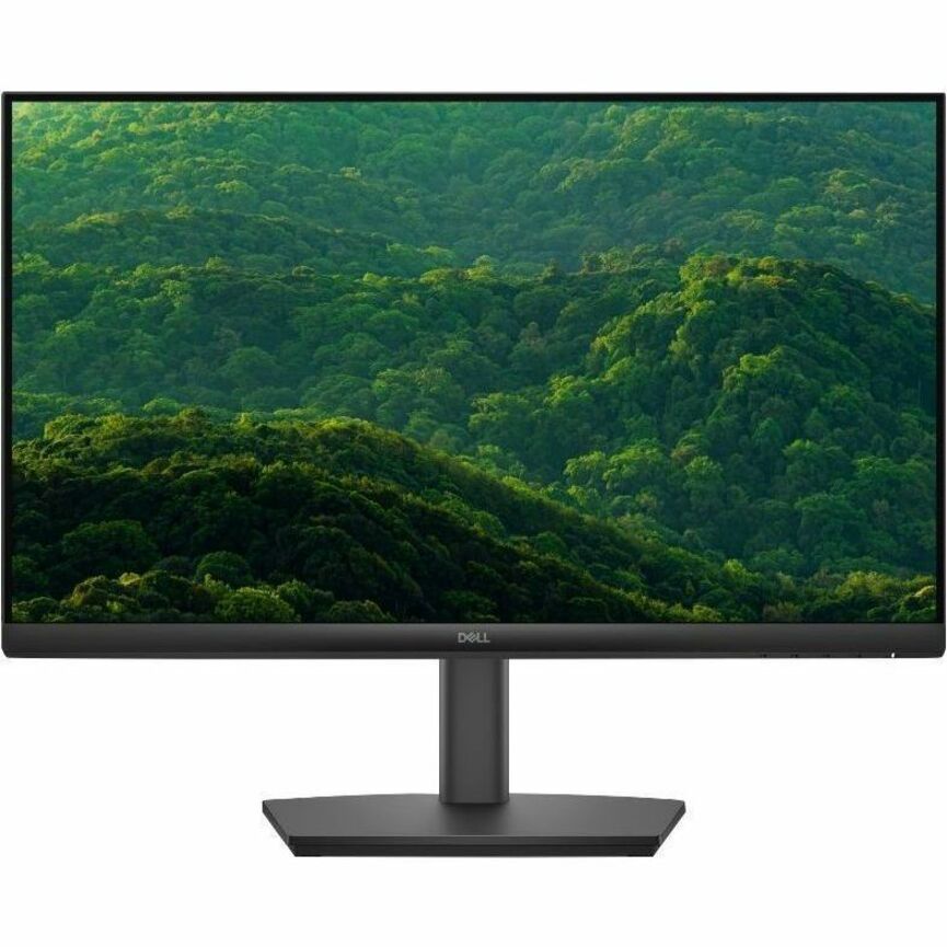 Dell monitor displaying a green mountain landscape on a white background
