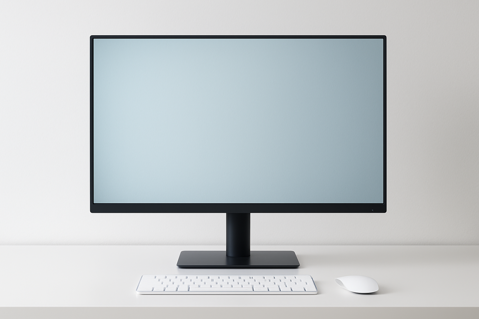 Computer monitor with keyboard and mouse on a white surface