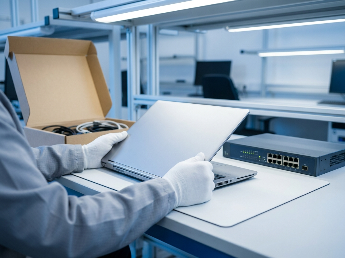 Technician inspecting a brand new business laptop at a clean workbench