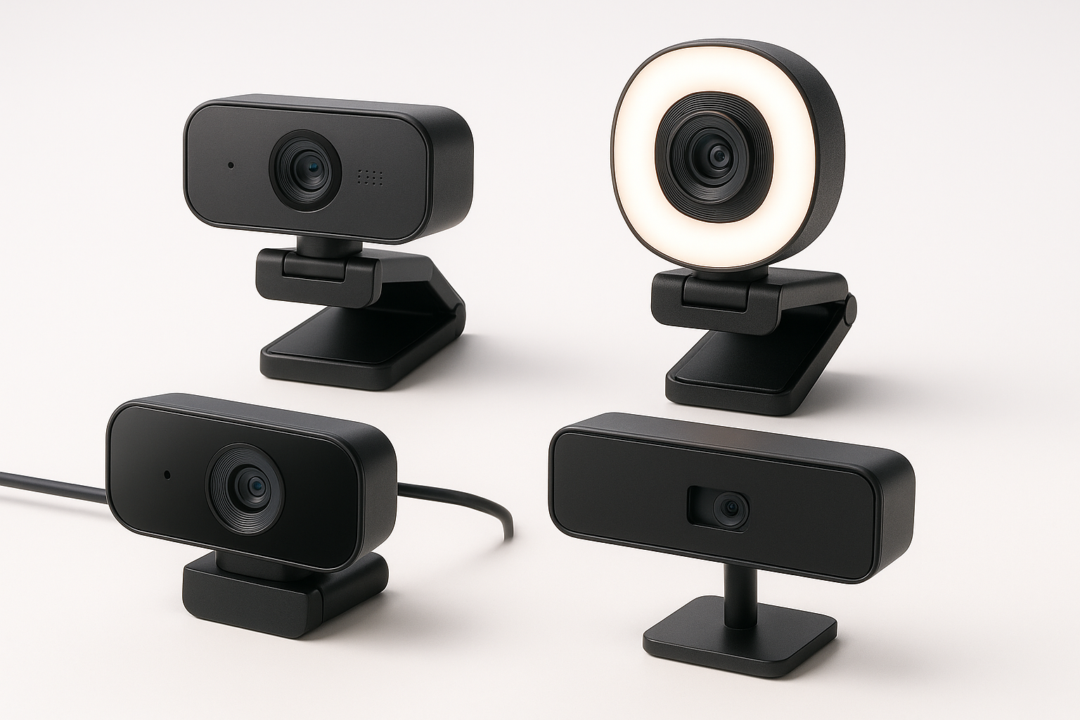 Four black webcams on a white background