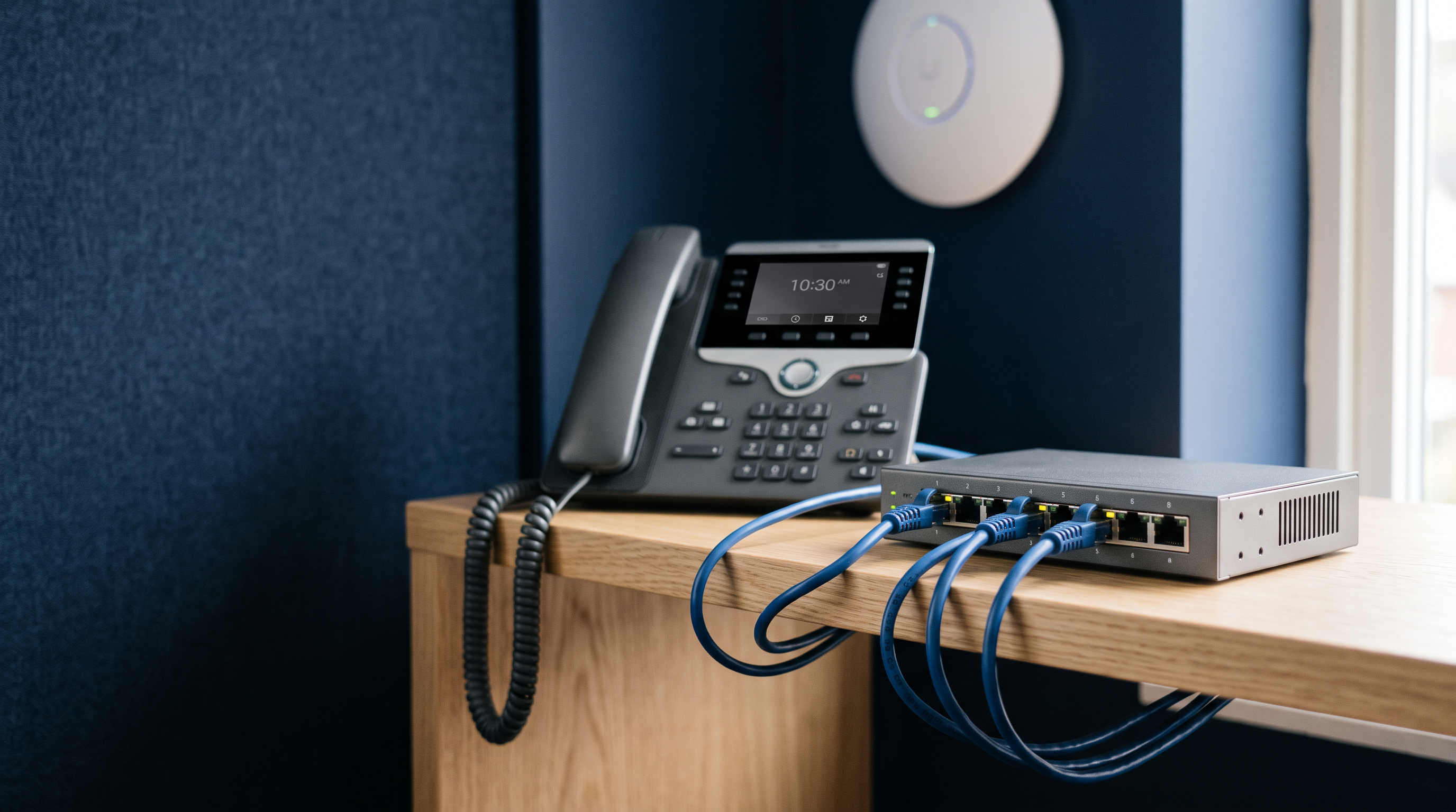 Small office PoE setup: desktop PoE switch with cables to an IP phone and wireless access point