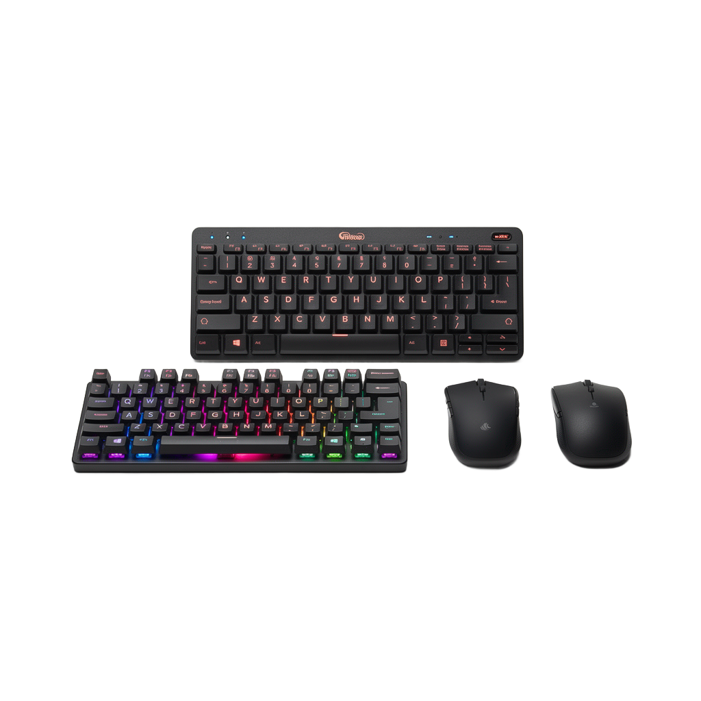 two keyboards and three mice on white background