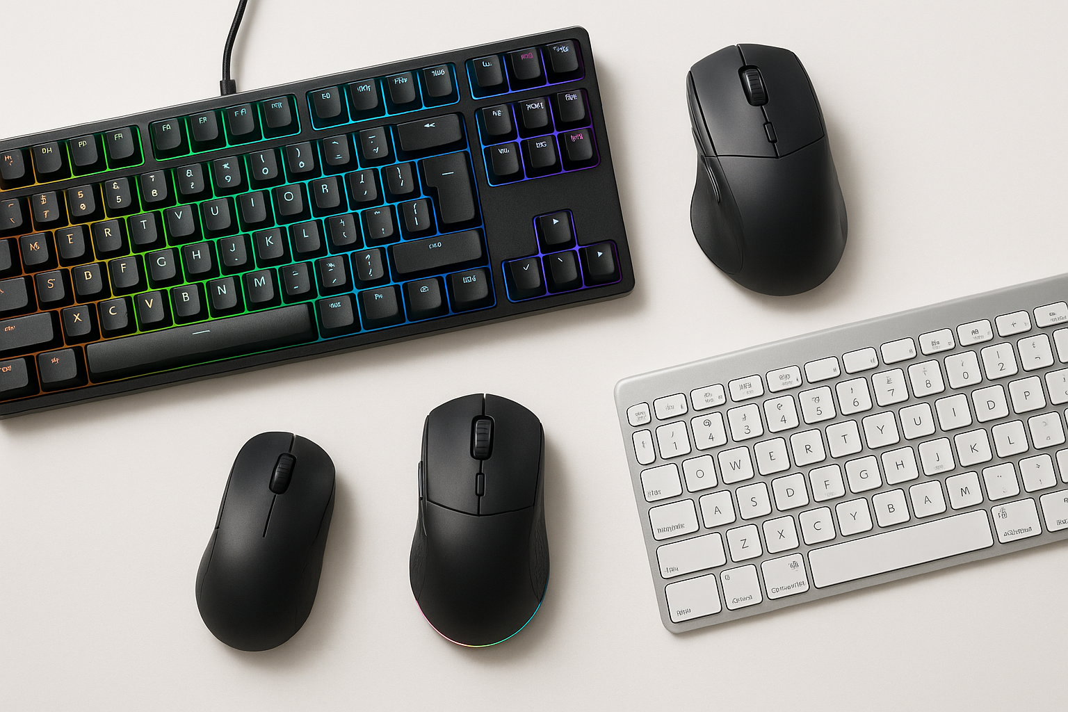 two keyboards and three mice on white background