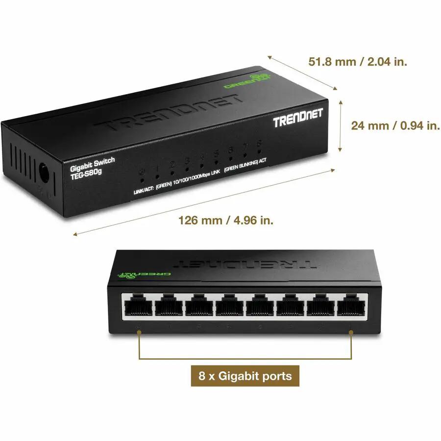 TRENDnet GREENnet 8-Port Unmanaged Switch, black desktop switch, 8 Gigabit ports
