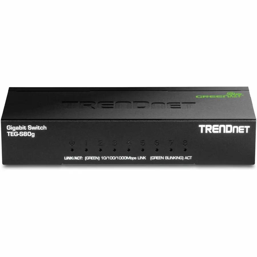 TRENDnet 8-Port Unmanaged Switch, black metal desktop network switch with GREENnet logo