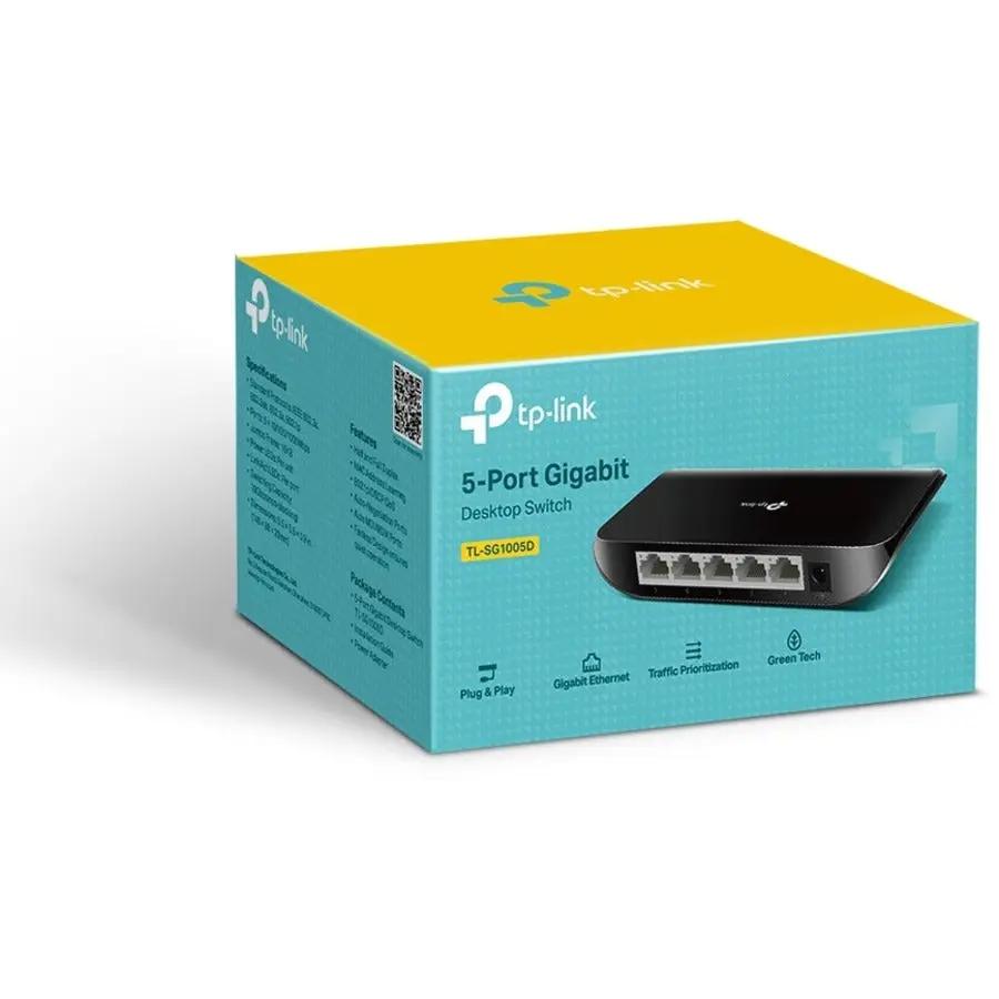 TP-Link TL-SG1005D 5-Port Gigabit Desktop Unmanaged Switch in teal and yellow packaging