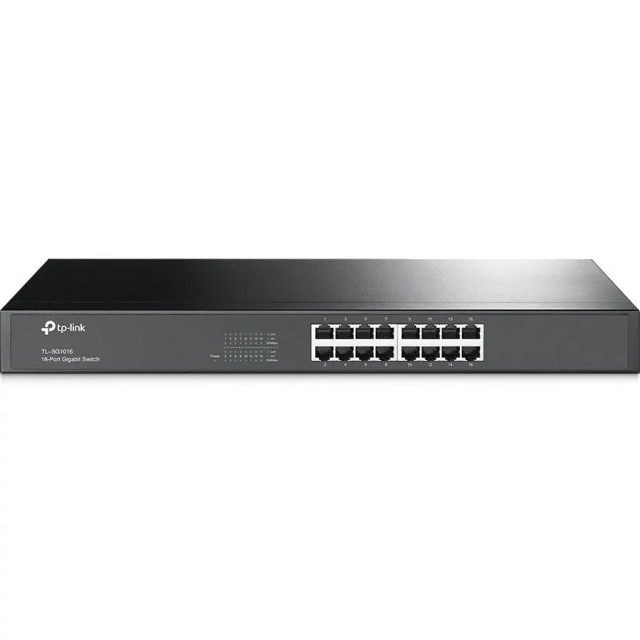 TP-Link TL-SG1016 16-port unmanaged Gigabit Ethernet switch, black, front view