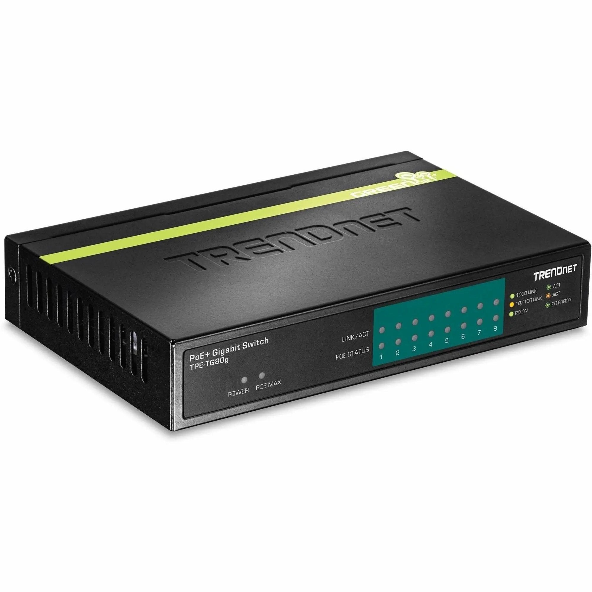 TRENDnet GREENnet 8-Port Gigabit PoE+ Switch in black metal enclosure with green label stripe