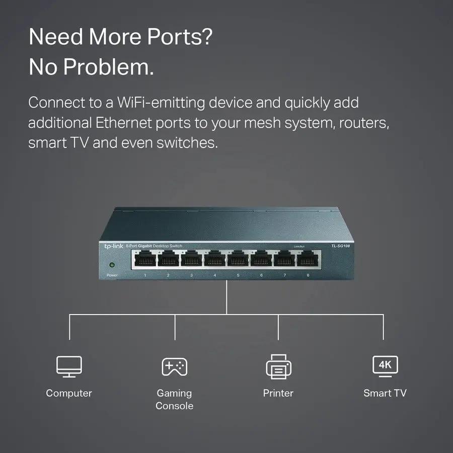 TP-Link TL-SG108 8-Port Gigabit Unmanaged Switch on gray background with 8 Ethernet ports