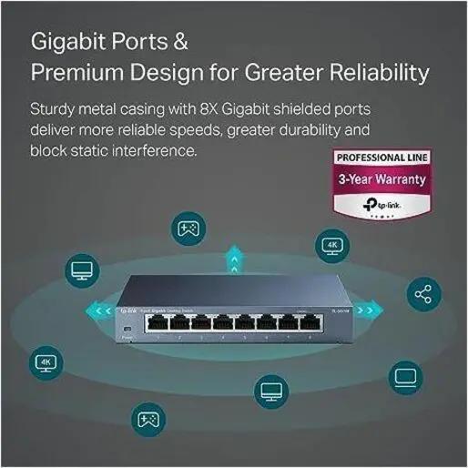 TP-Link TL-SG108 8-port gigabit unmanaged switch, gray metal chassis on gray background