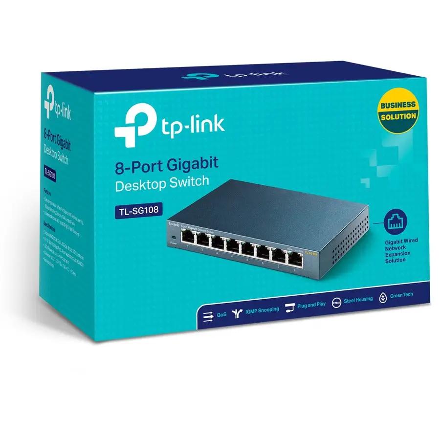 TP-Link TL-SG108 8-Port Gigabit Desktop Switch on teal packaging box