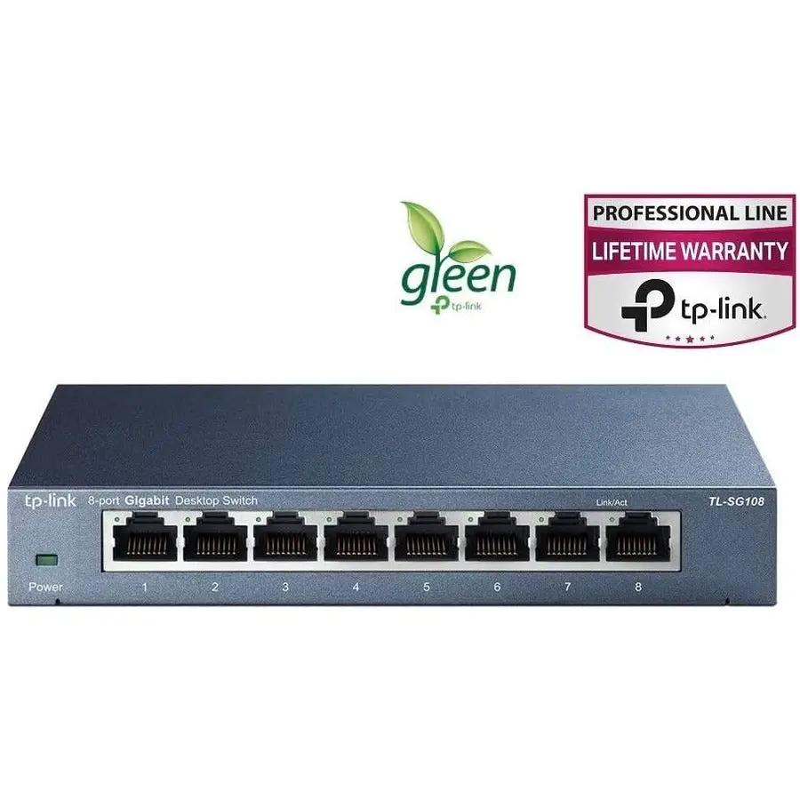 TP-Link TL-SG108 8-Port Gigabit Unmanaged Desktop Switch, blue-gray metal case on white background