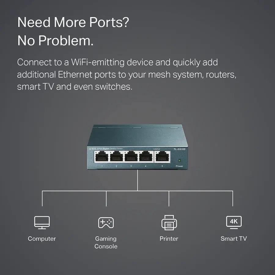 TP-Link TL-SG105 5-Port Gigabit Unmanaged Switch on a dark gray background.