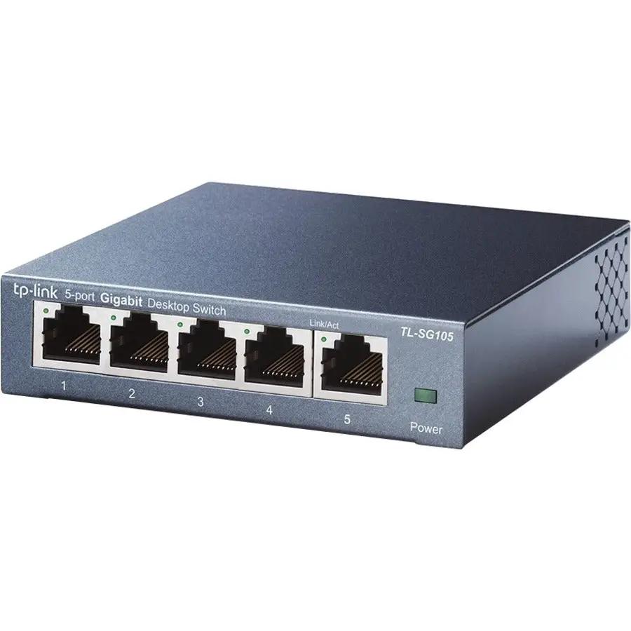 TP-Link TL-SG105 5-Port Gigabit Unmanaged Switch, front view with five RJ-45 ports and Power LED