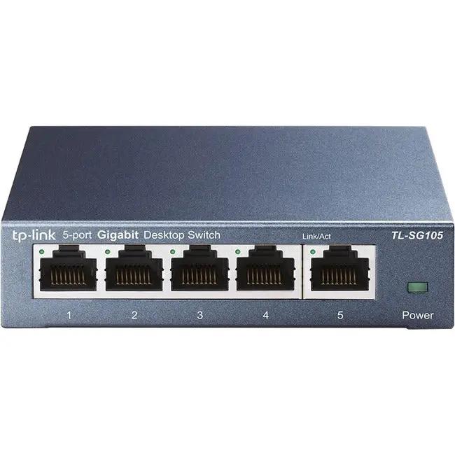 TP-Link TL-SG105 5-Port Gigabit Desktop Switch with blue metal enclosure