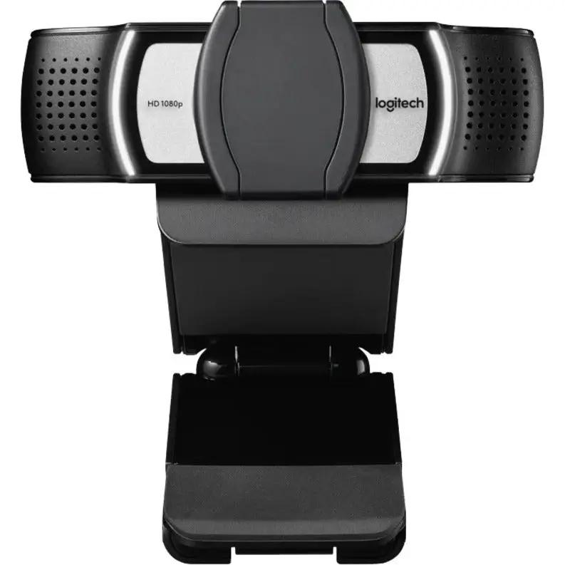 Logitech C930e business webcam, black with silver accents, HD 1080p on desk stand