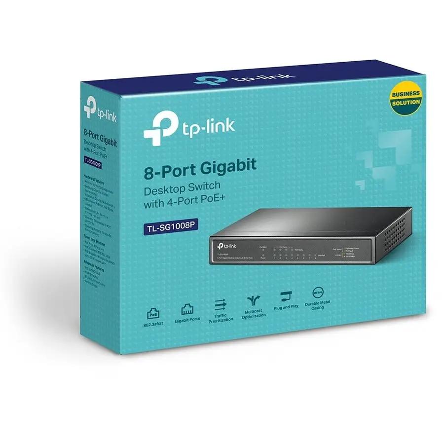 TP-Link TL-SG1008P 8-Port Gigabit PoE Unmanaged Switch box on turquoise packaging.