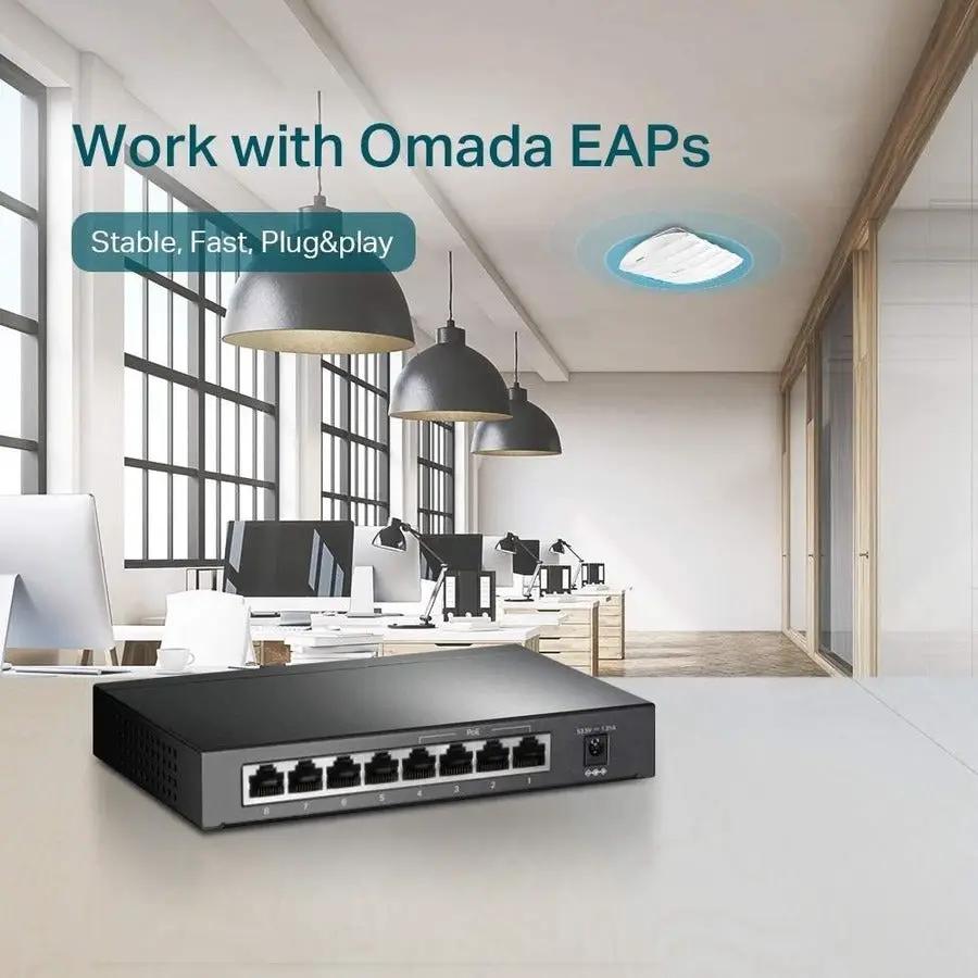 TP-LINK JetStream TL-SG1008P 8-Port Gigabit PoE unmanaged switch on office desk