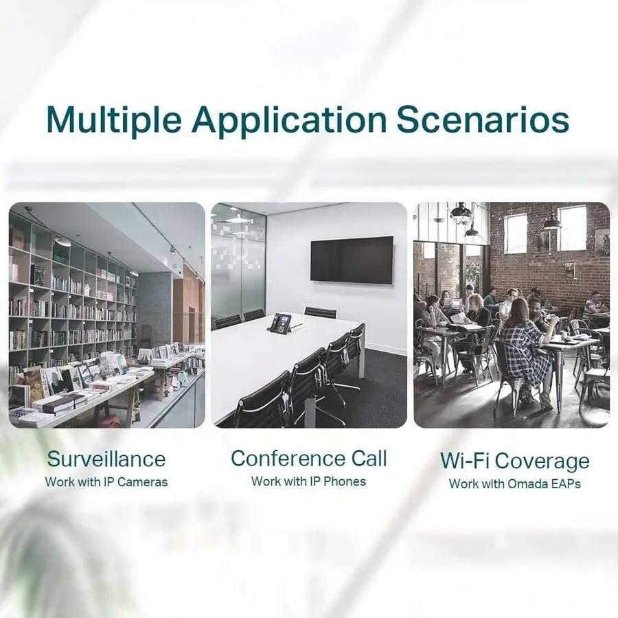 TP-LINK JetStream TL-SG1008P 8-Port Gigabit PoE Unmanaged Switch on a slide showing multiple application scenarios