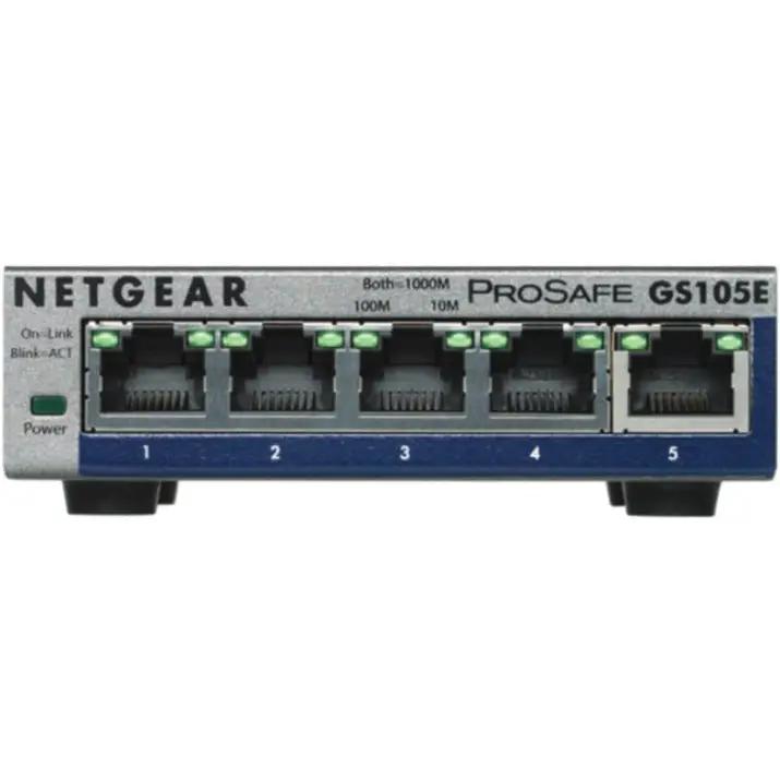Netgear ProSafe Plus 5-Port Gigabit unmanaged switch, front view with blue bottom panel on white background