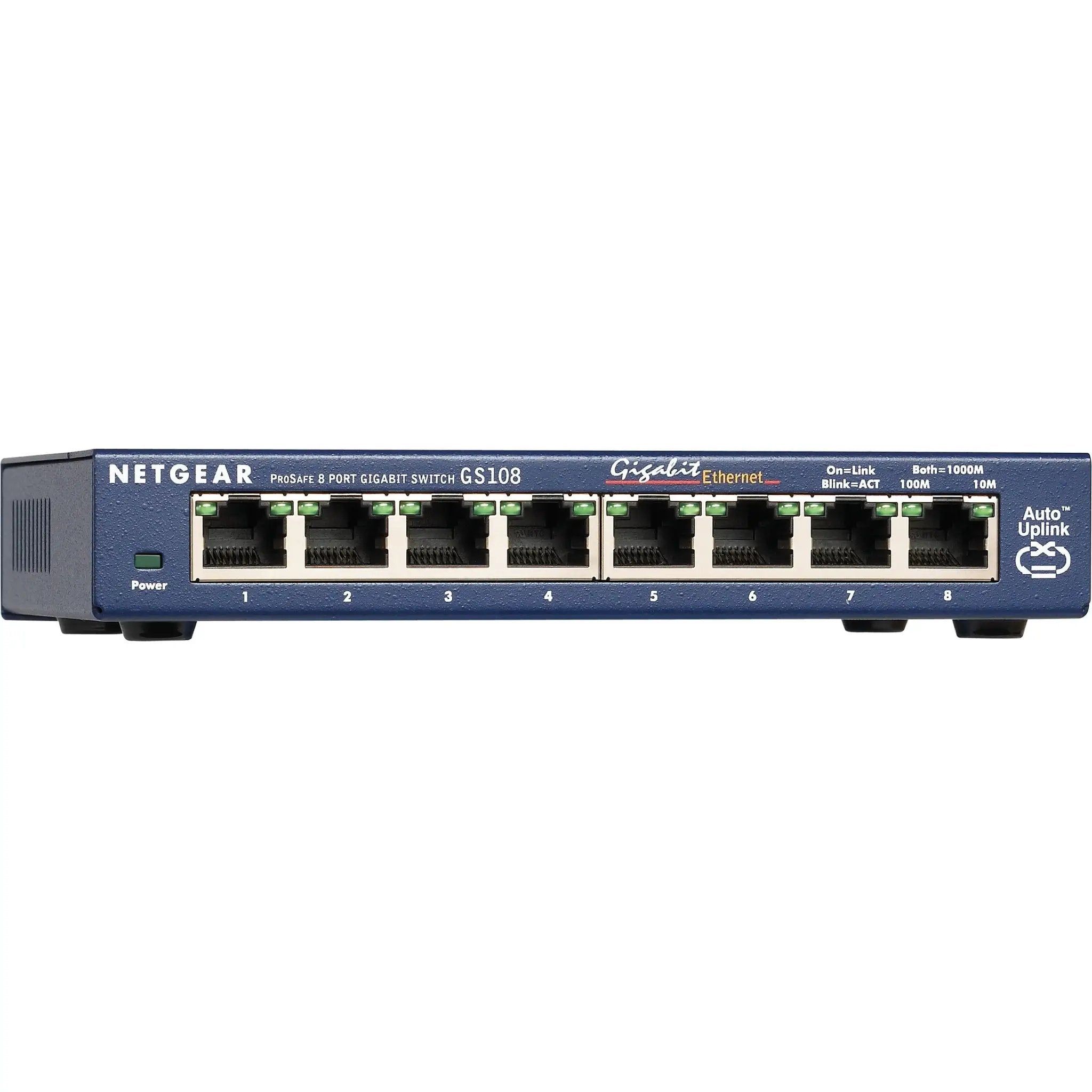 NETGEAR ProSafe GS108 8-port Gigabit Ethernet switch, blue metal chassis.