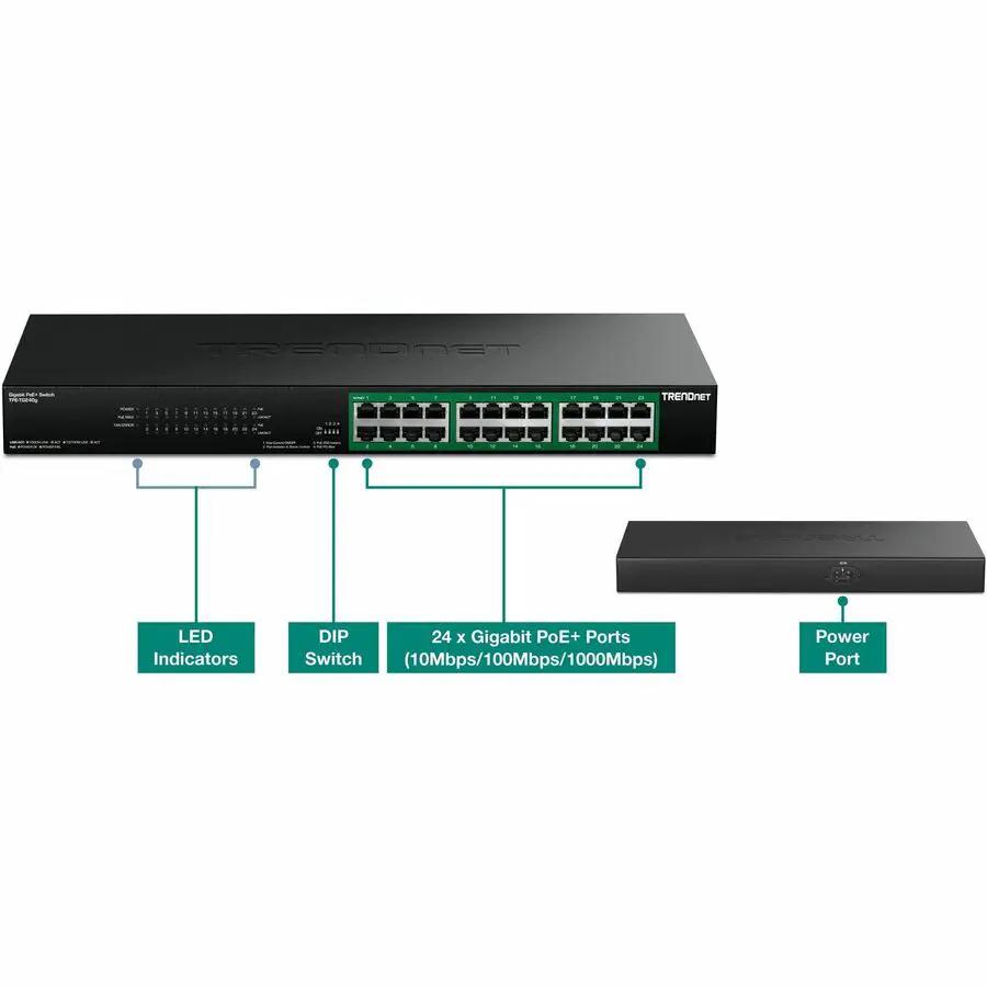 TRENDnet 24-Port Gigabit PoE+ Switch with external power supply, black metal chassis, two-device set.