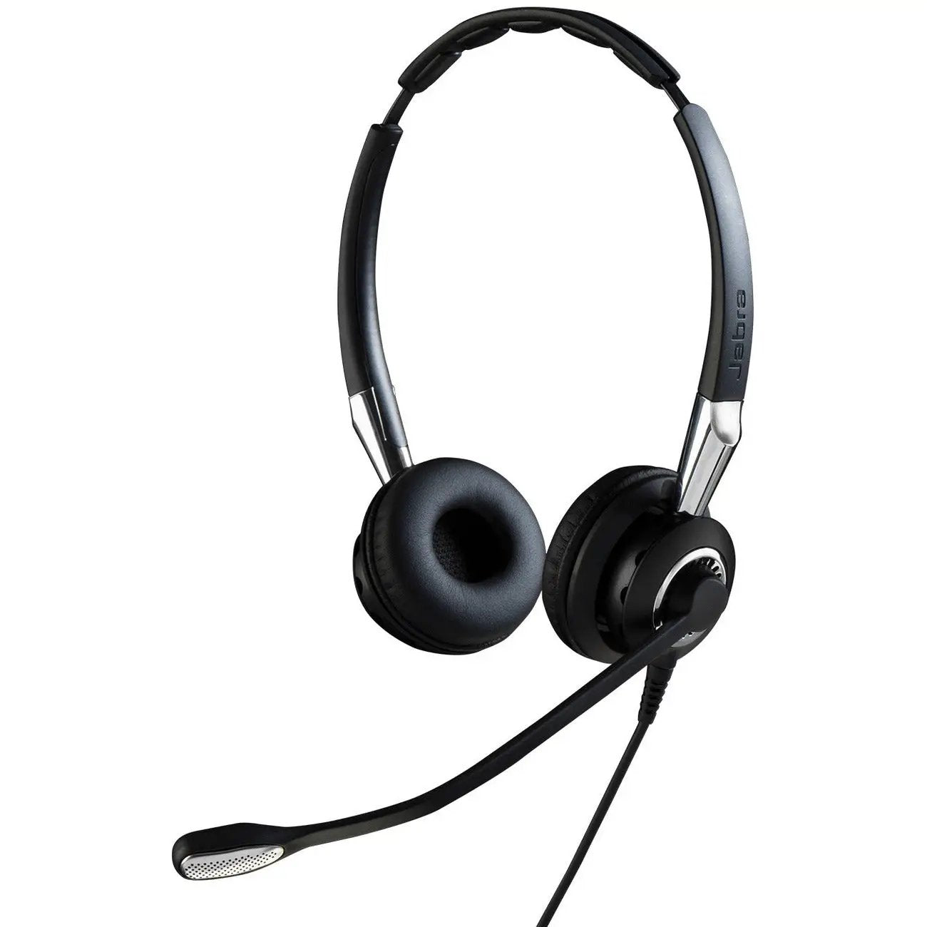 Jabra BIZ 2400 II Duo NC wired headset, black over-ear cups, silver headband, boom microphone