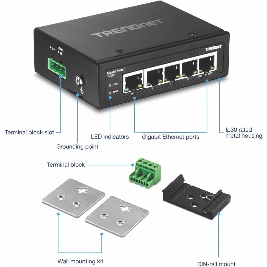 TRENDnet TI-G50 5-port industrial unmanaged switch with DIN-rail and wall-mount kits