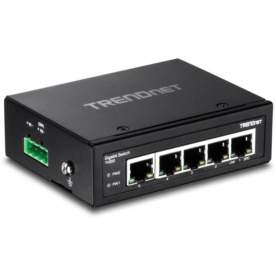 TRENDnet TI-G50 5-Port Industrial Unmanaged Switch, black metal enclosure with DIN-Rail mounting