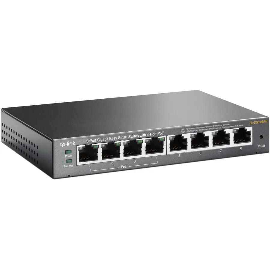 TP-Link TL-SG108PE 8-Port Gigabit PoE Managed Switch, black metal enclosure on white background