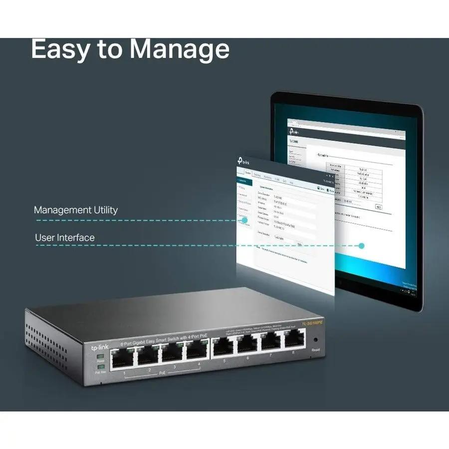 TP-Link TL-SG108PE gray 8-Port Gigabit PoE Managed Switch on desk; tablet shows management interface.