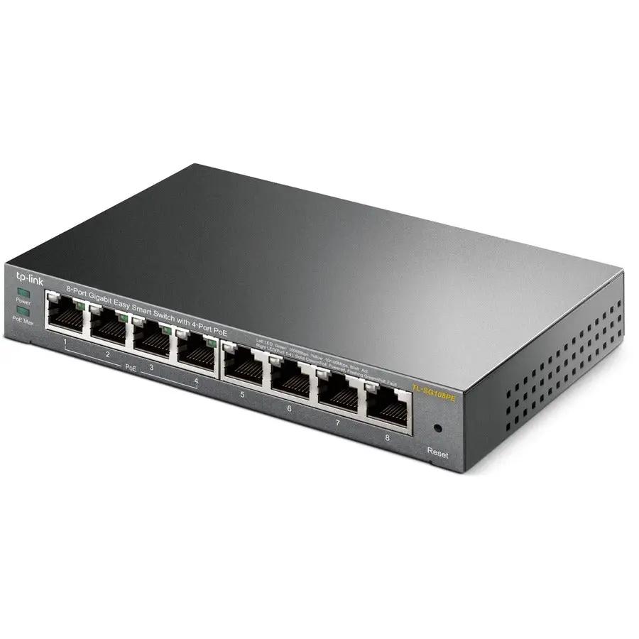 TP-Link TL-SG108PE 8-Port Gigabit PoE Managed Switch; gray metal chassis with 8 RJ-45 ports