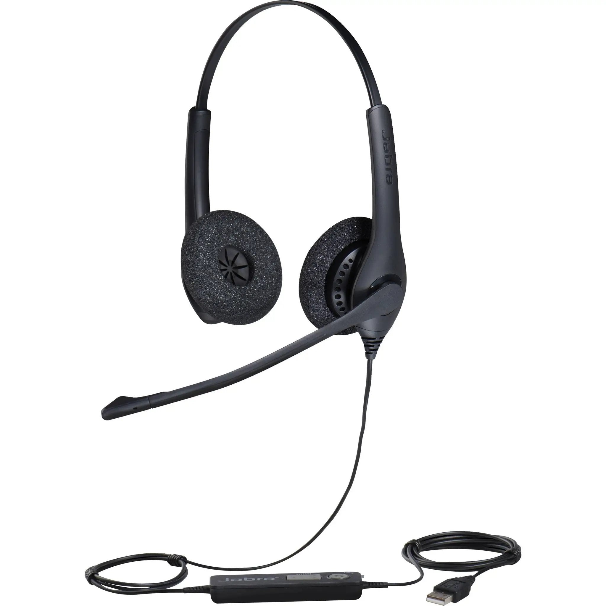 Biz 1500 Duo USB microphone, black Jabra headset with inline controller and USB-A plug.