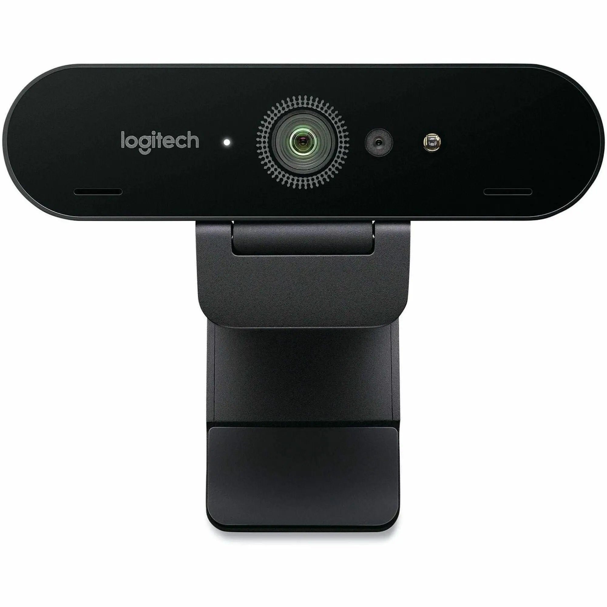 Logitech Brio 4K webcam, black, front view mounted on stand.