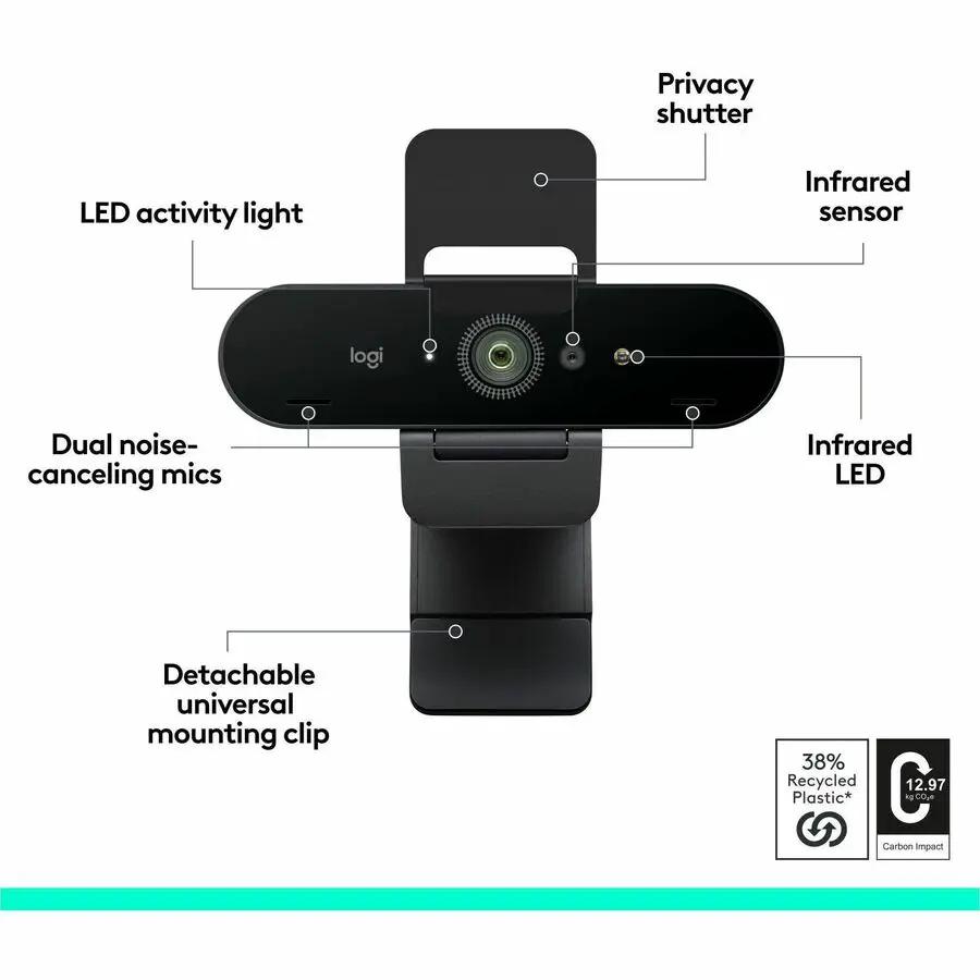 Logitech Brio 4K webcam for business, black with detachable mounting clip