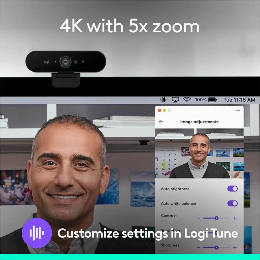 Logitech Brio 4K webcam mounted on a computer monitor, black