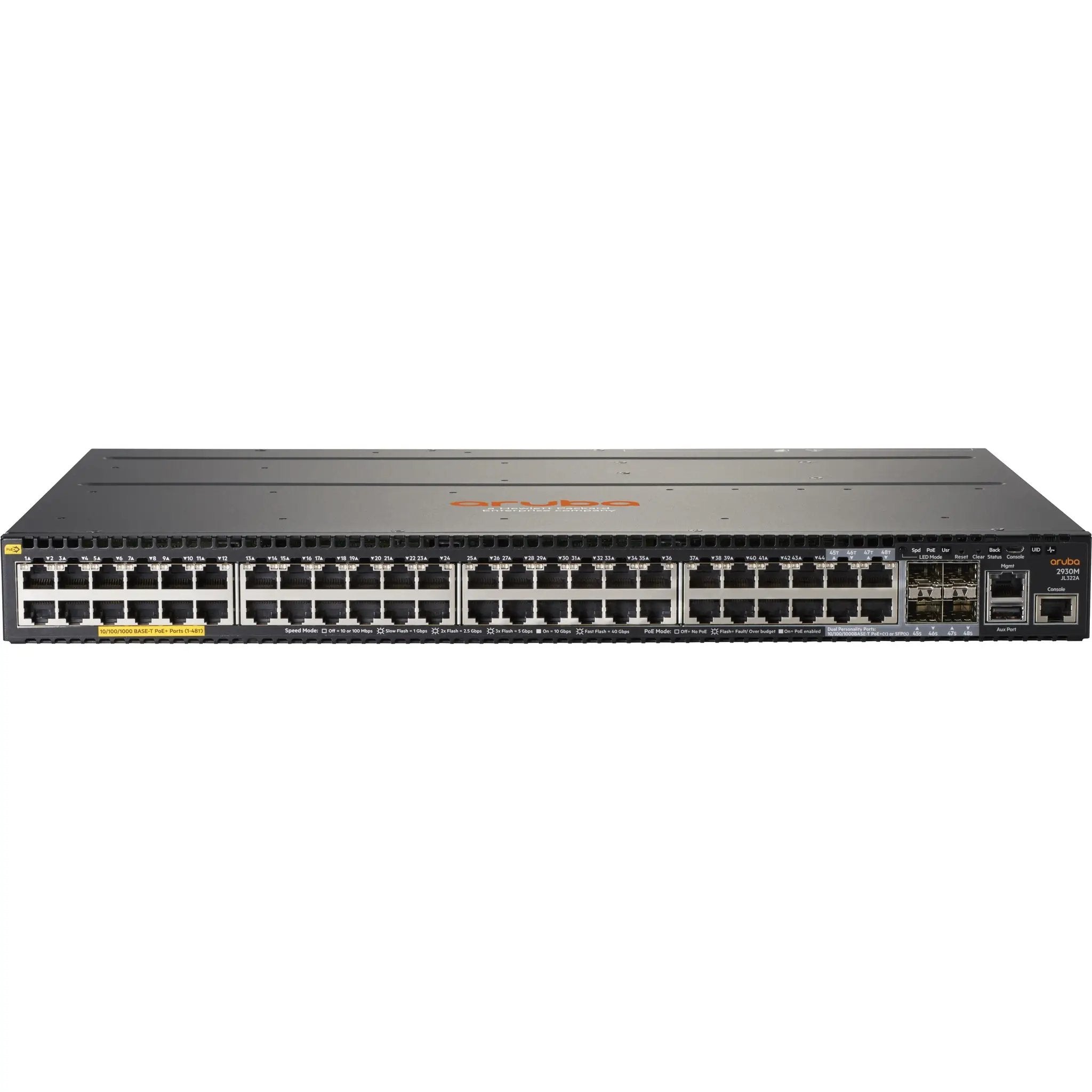 HPE Aruba 2930M 48-Port Gigabit PoE+ Switch, front view with 48 ports
