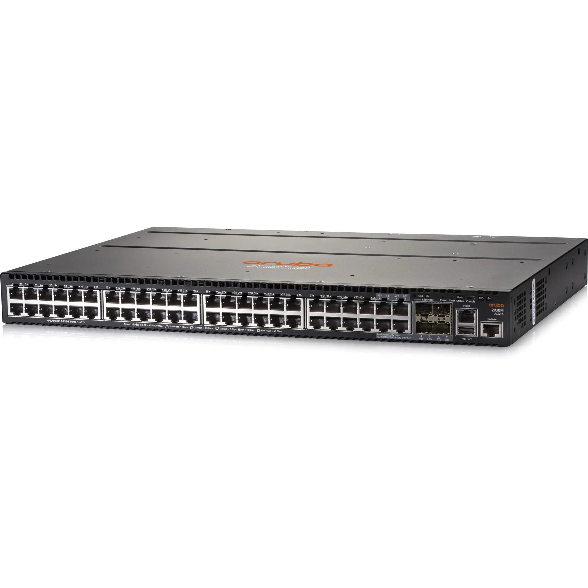 HPE Aruba 2930M 48-port SFP managed switch, black metal chassis, front view.
