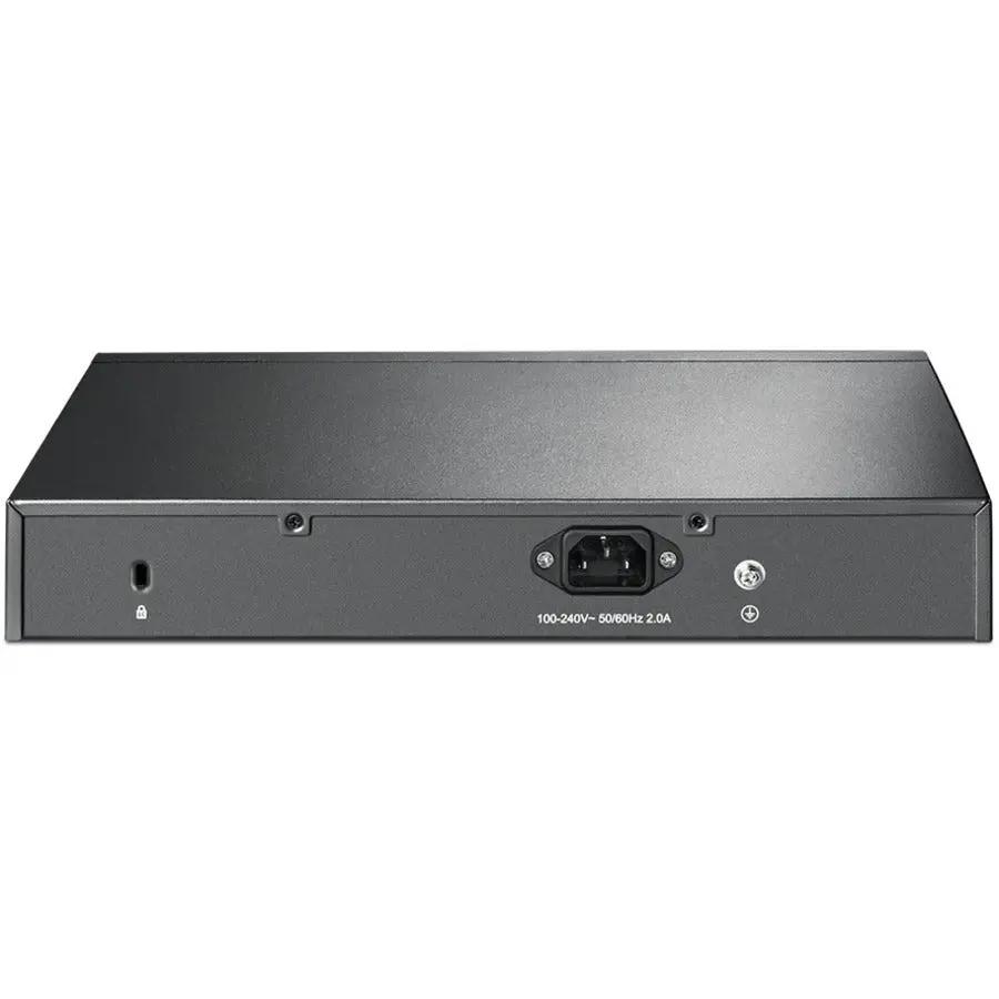 TP-Link TL-SG1016PE 16-port PoE+ switch, gray metal enclosure, rear view showing power inlet
