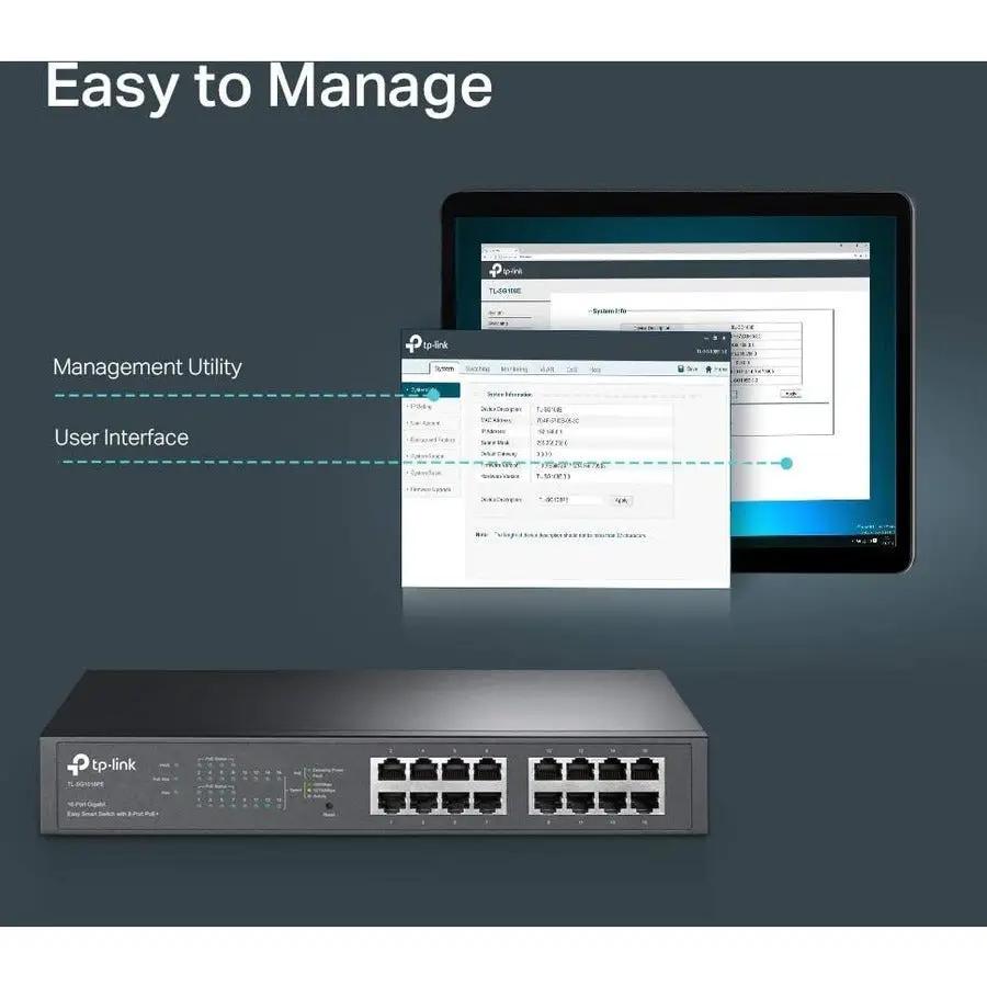 TP-Link TL-SG1016PE gray 16-port PoE+ switch with management UI