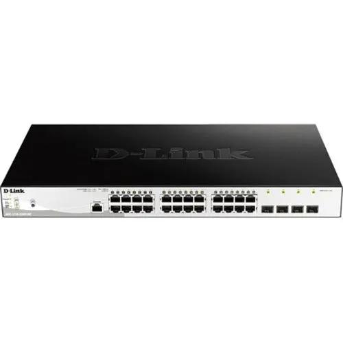 D-Link DGS-1210 Series 28-Port Gigabit PoE managed switch, black top with white front, on white background.