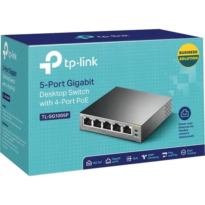 TP-Link TL-SG1005P 5-Port Gigabit PoE Unmanaged Switch on blue packaging box
