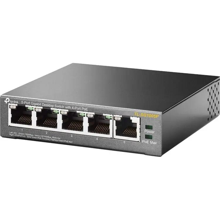 TP-Link TL-SG1005P 5-Port PoE Unmanaged Switch on white background, dark gray metal chassis