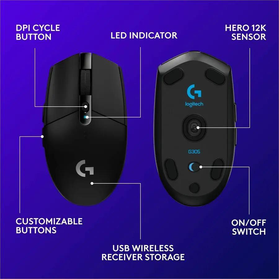 Logitech G305 LIGHTSPEED Wireless Gaming Mouse, HERO Sensor, 12,000 DPI, 6 Programmable Buttons, Black