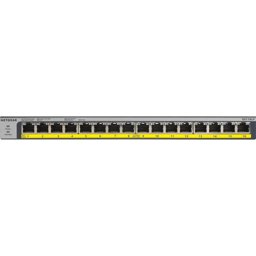 Netgear ProSAFE GS116LP 16-port Gigabit PoE unmanaged switch with yellow port labels