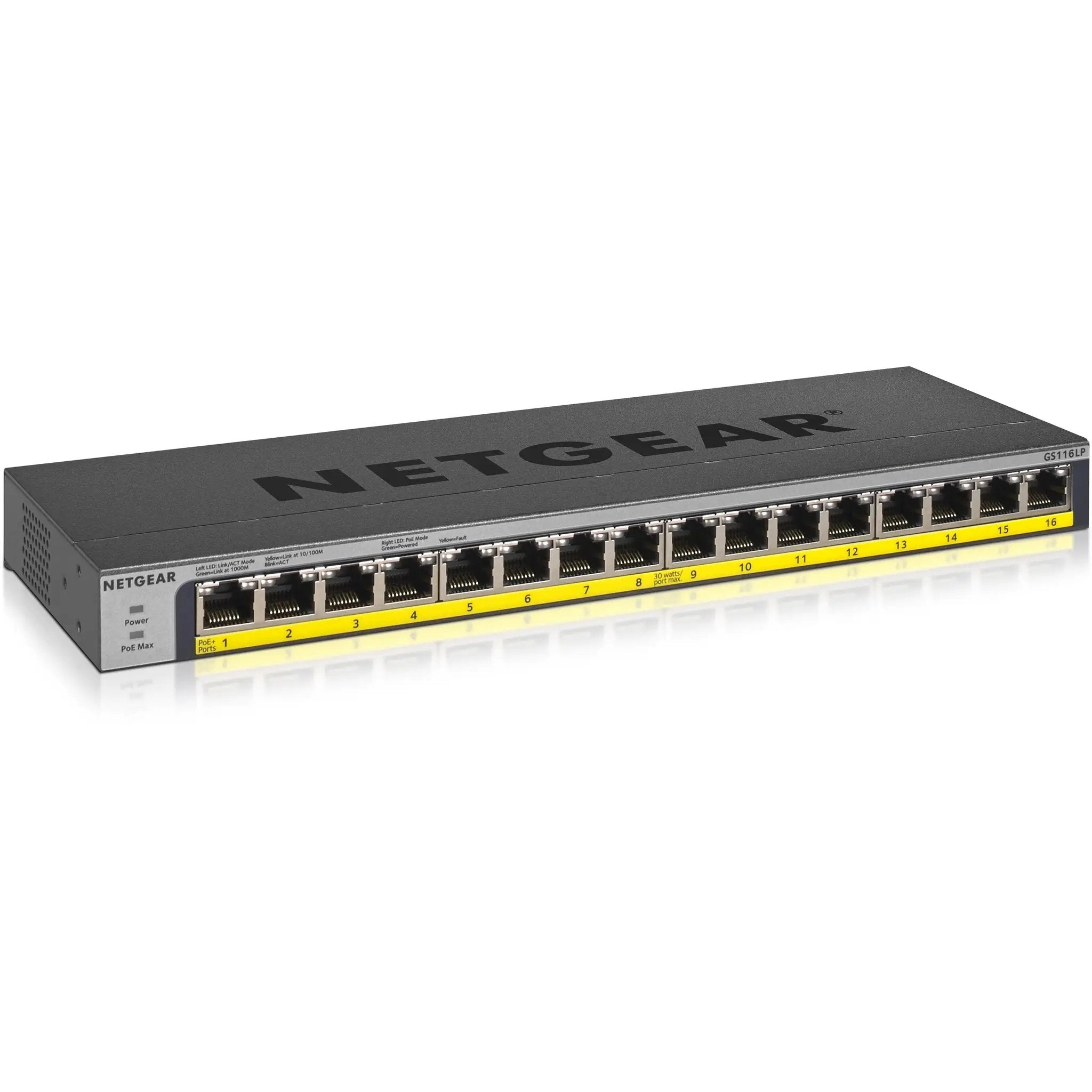 NETGEAR GS116LP 16-port Gigabit PoE unmanaged switch; gray metal chassis