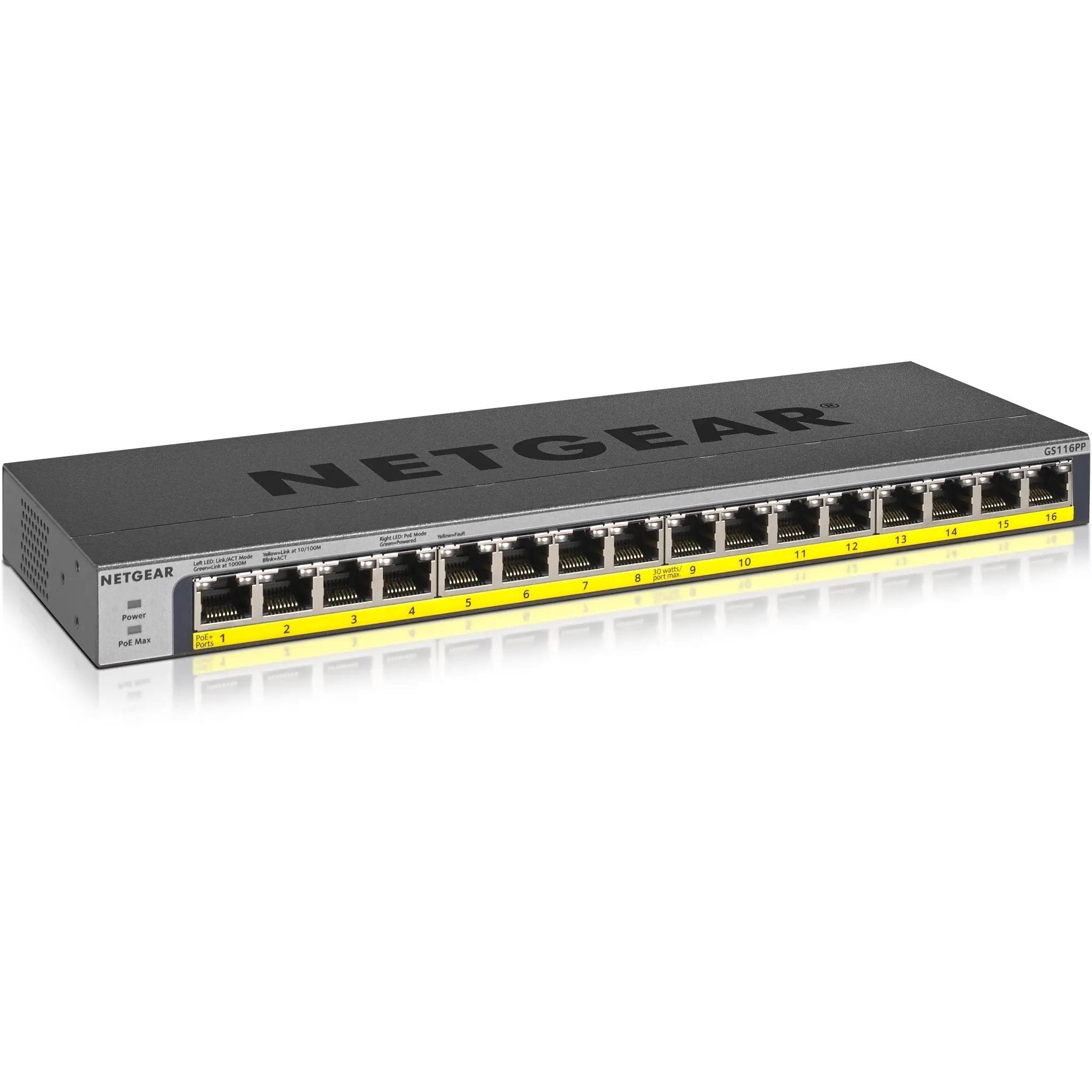 NETGEAR ProSAFE GS116PP 16-Port PoE+ Gigabit Switch, gray metal chassis with yellow port labels.