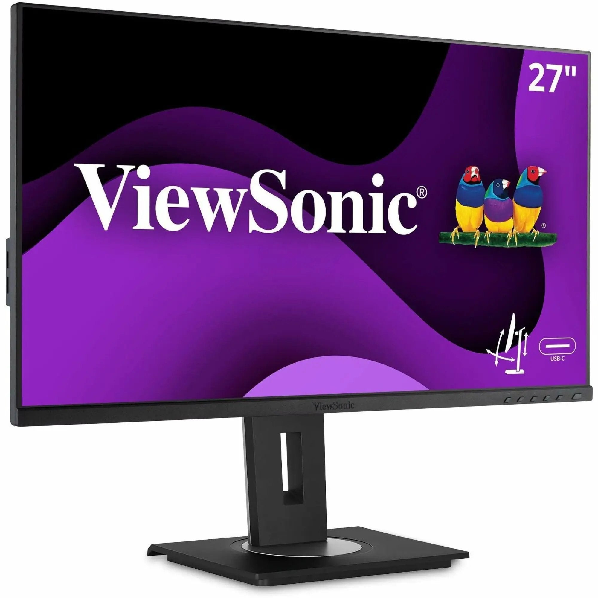 ViewSonic VG2755 27-inch IPS monitor on a black adjustable stand; purple display artwork